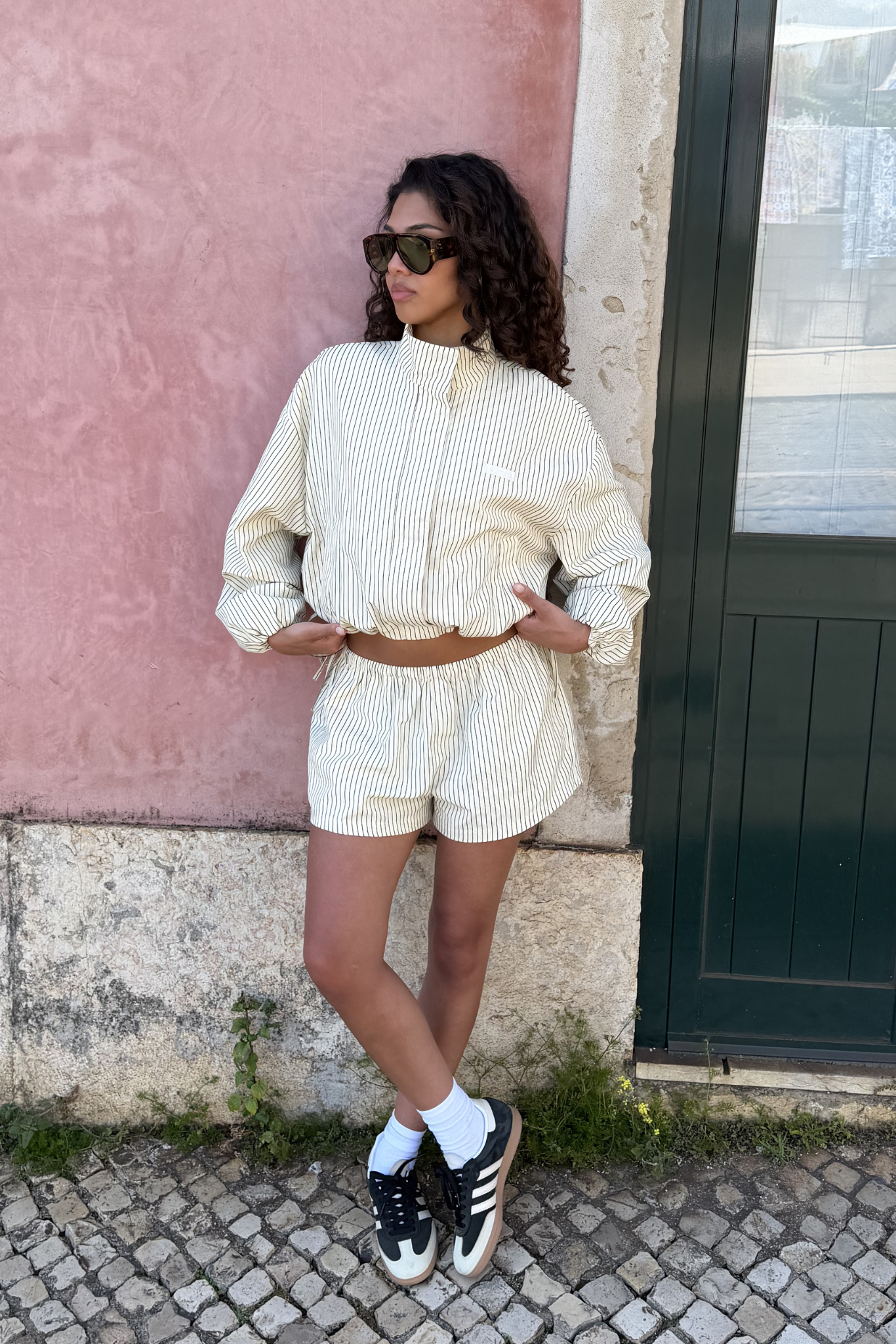 Stripe Nylon Funnel Neck Jacket & Short - Butter Yellow